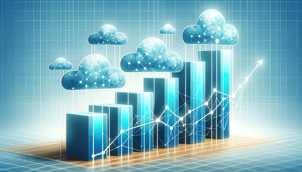 Block chart illustration with progressively rising bars in cloud-patterned shades of blue, symbolizing Cloud1's steady revenue growth while emphasizing human connections in the world of data and technology.