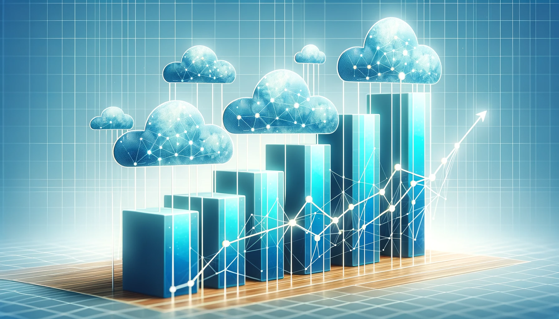 Block chart illustration with progressively rising bars in cloud-patterned shades of blue, symbolizing Cloud1's steady revenue growth while emphasizing human connections in the world of data and technology.